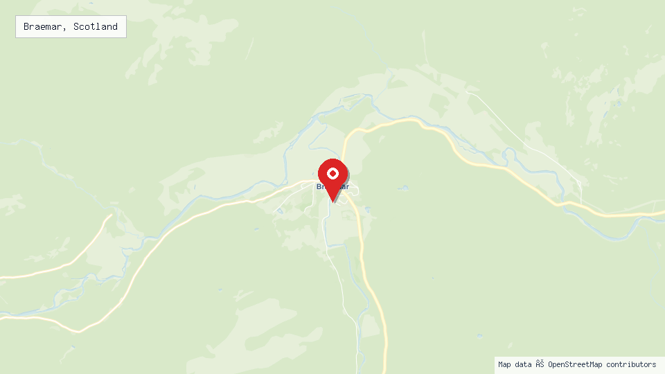 Street map of Braemar, Scotland with location pin