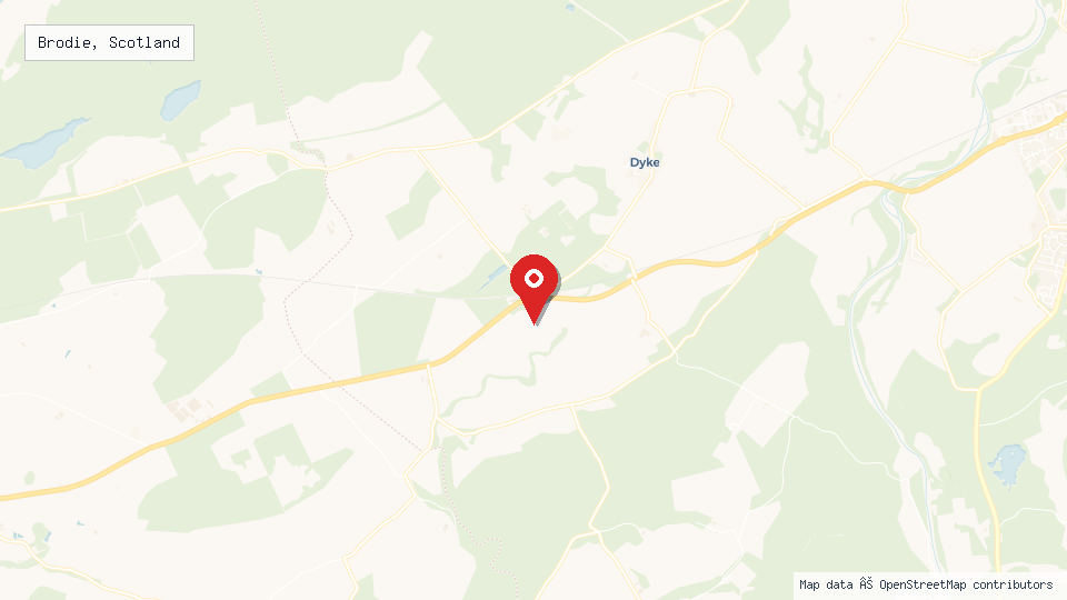 Street map of Brodie, Scotland with location pin
