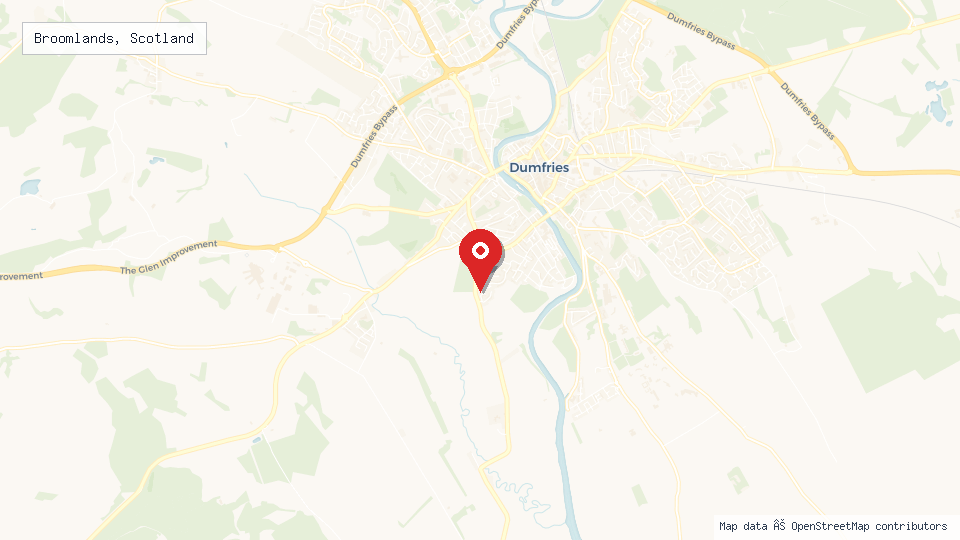Street map of Broomlands, Scotland with location pin