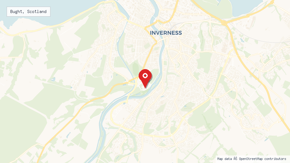 Street map of Bught, Scotland with location pin