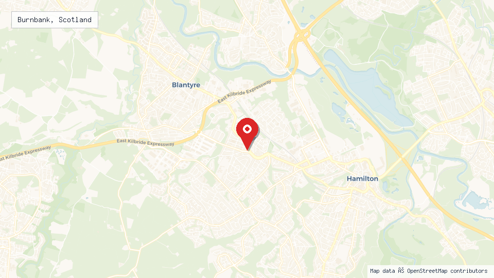 Street map of Burnbank, Scotland with location pin