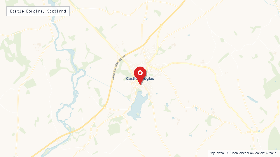 Street map of Castle Douglas, Scotland with location pin