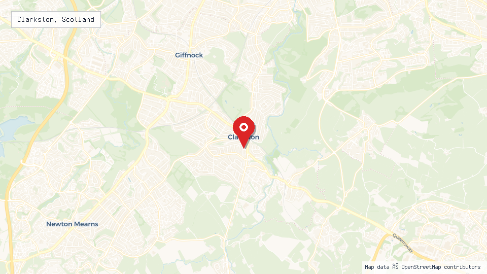 Street map of Clarkston, Scotland with location pin