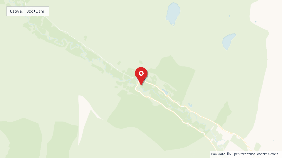 Street map of Clova, Scotland with location pin