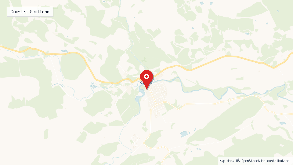 Street map of Comrie, Scotland with location pin
