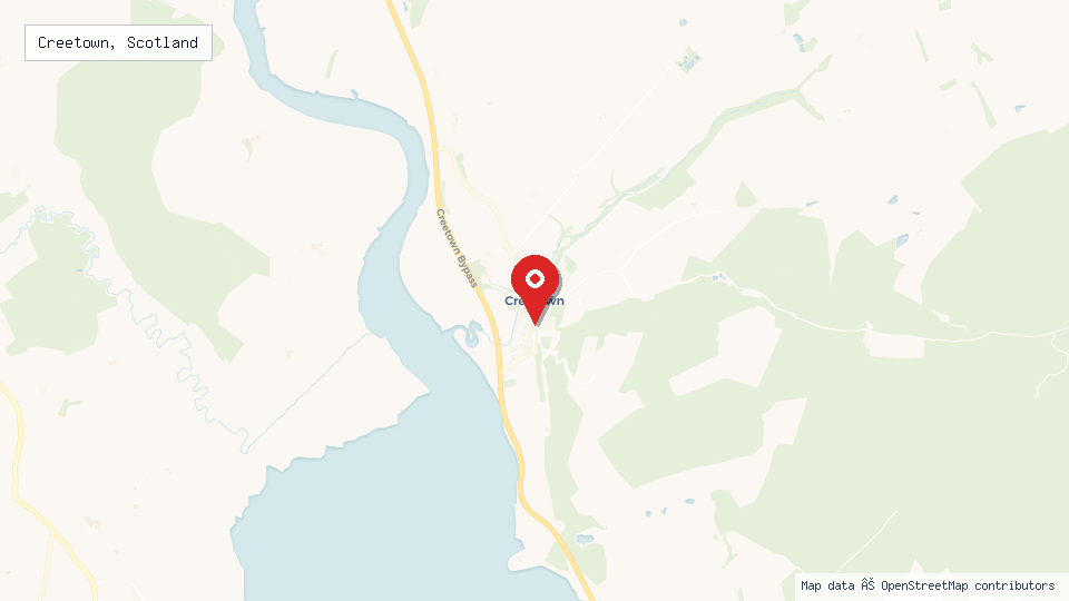 Street map of Creetown, Scotland with location pin