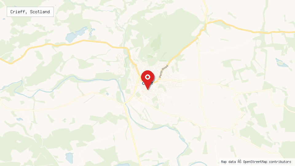 Street map of Crieff, Scotland with location pin