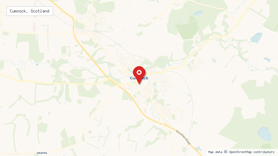 Street map of Cumnock, Scotland with location pin