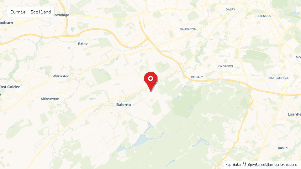 Street map of Currie, Scotland with location pin