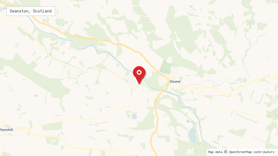 Street map of Deanston, Scotland with location pin
