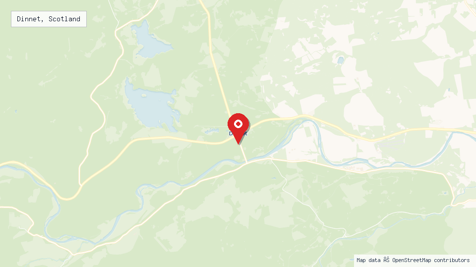 Street map of Dinnet, Scotland with location pin