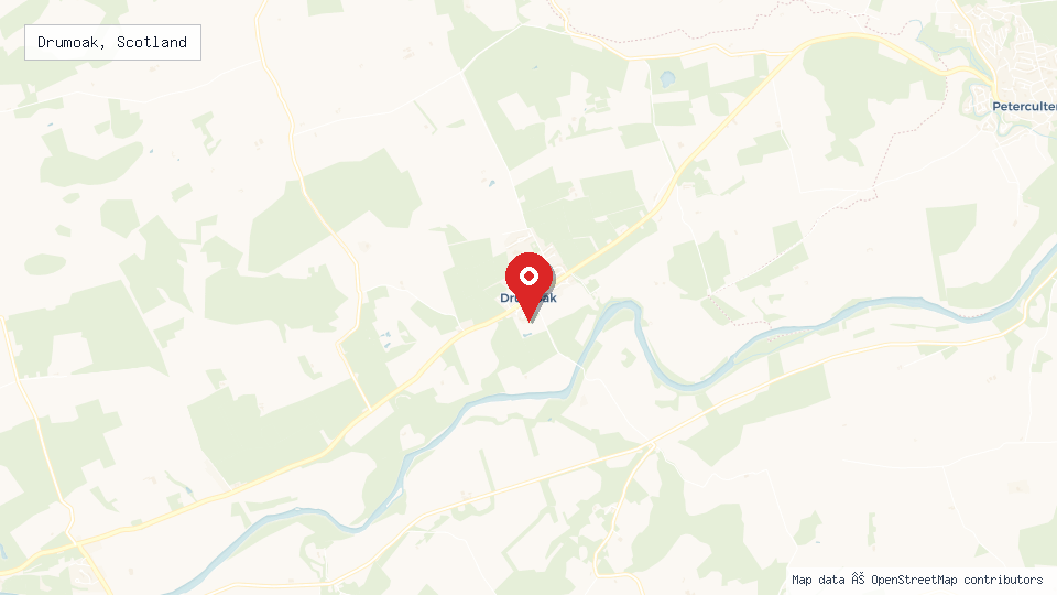 Street map of Drumoak, Scotland with location pin