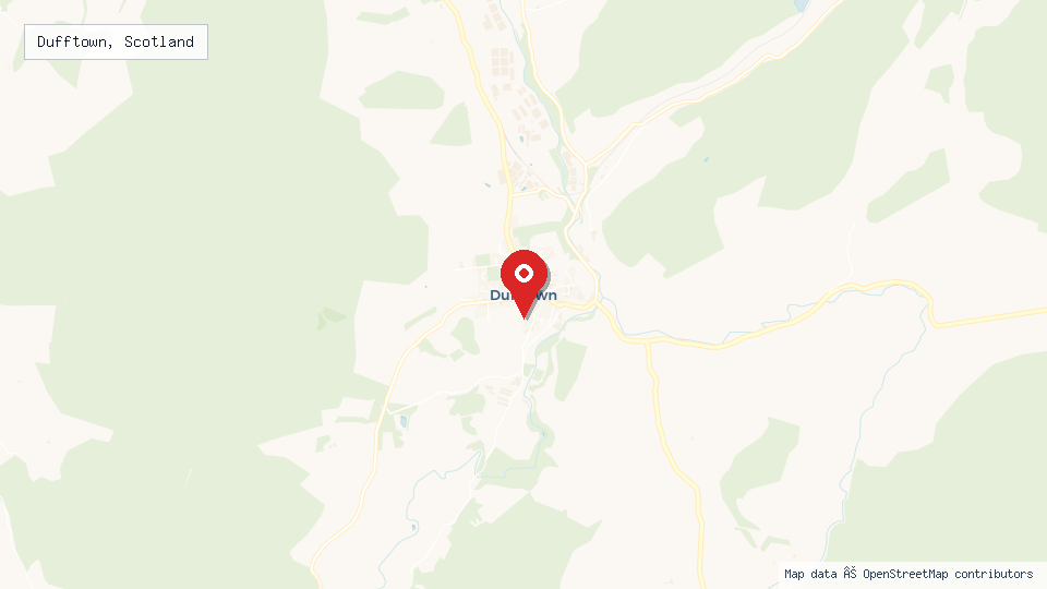 Street map of Dufftown, Scotland with location pin