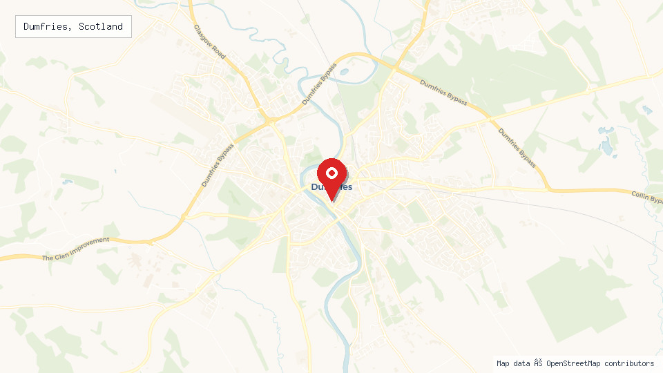 Street map of Dumfries, Scotland with location pin