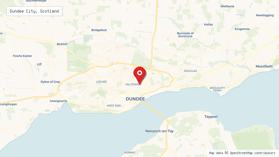 Street map of Dundee City, Scotland with location pin