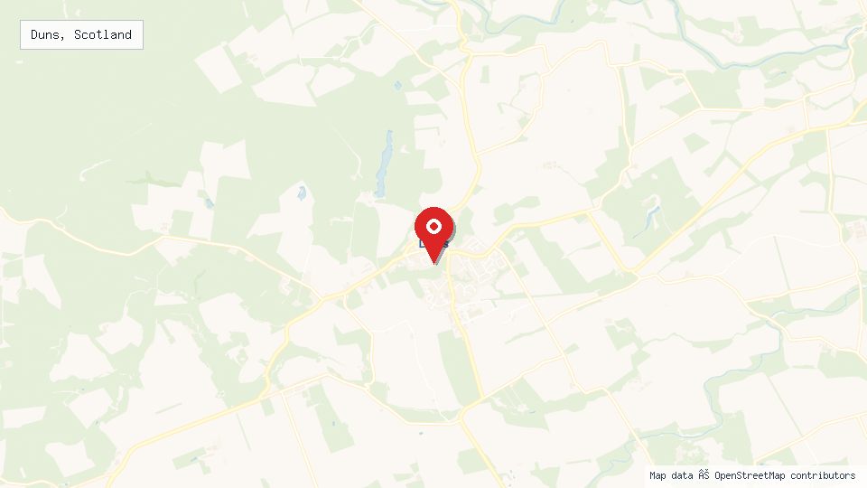Street map of Duns, Scotland with location pin