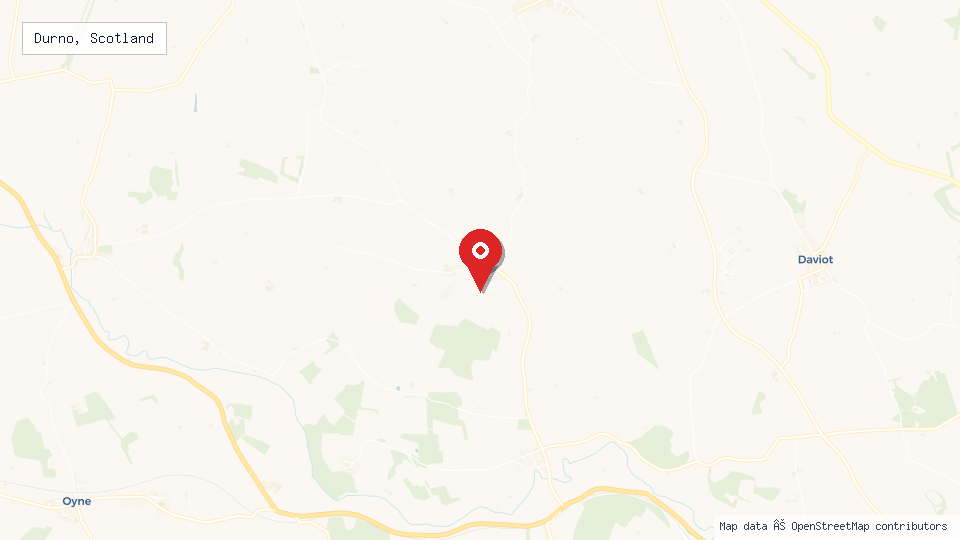Street map of Durno, Scotland with location pin