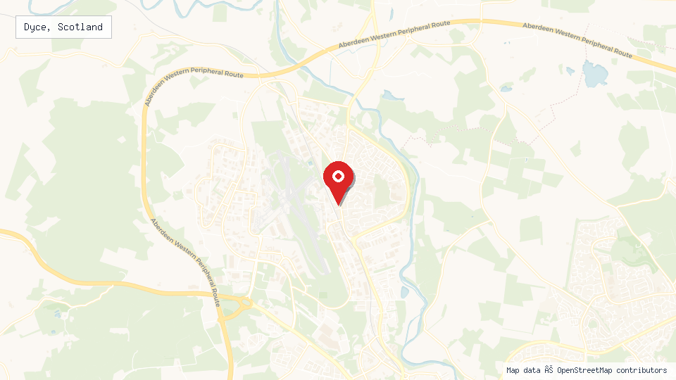 Street map of Dyce, Scotland with location pin