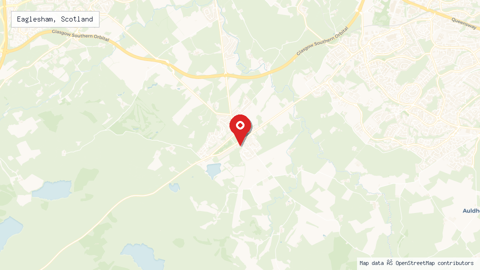 Street map of Eaglesham, Scotland with location pin
