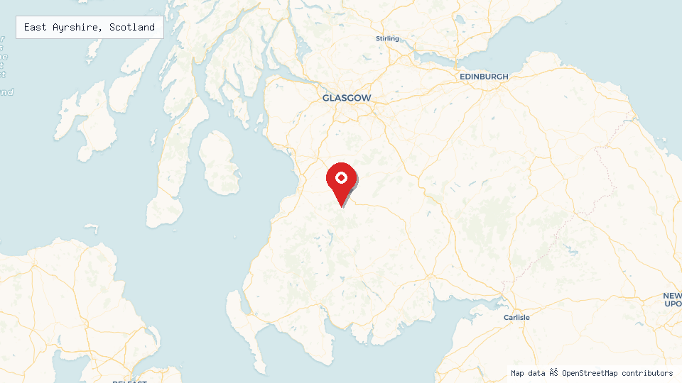 Street map of East Ayrshire, Scotland with location pin