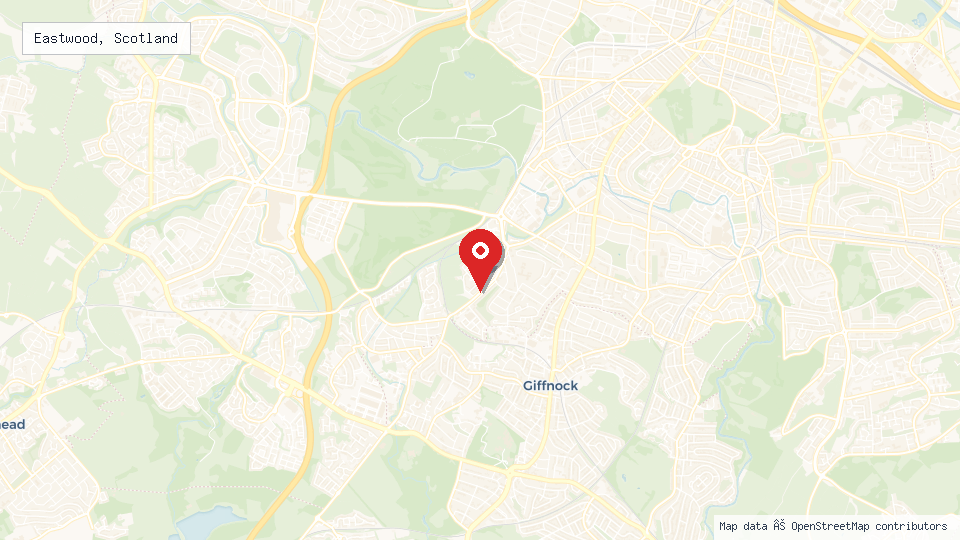 Street map of Eastwood, Scotland with location pin