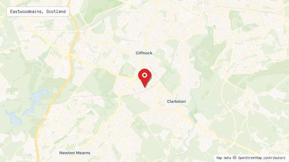 Street map of Eastwoodmains, Scotland with location pin
