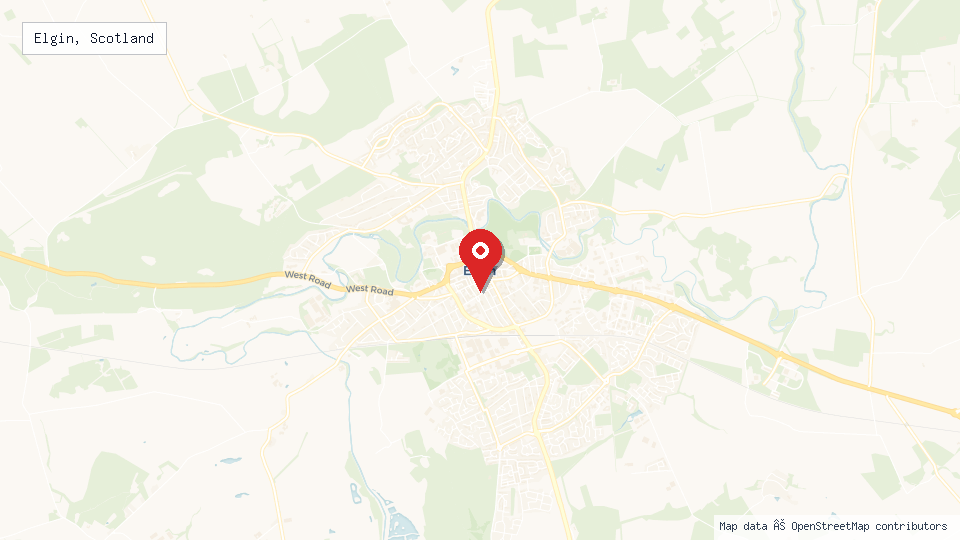 Street map of Elgin, Scotland with location pin