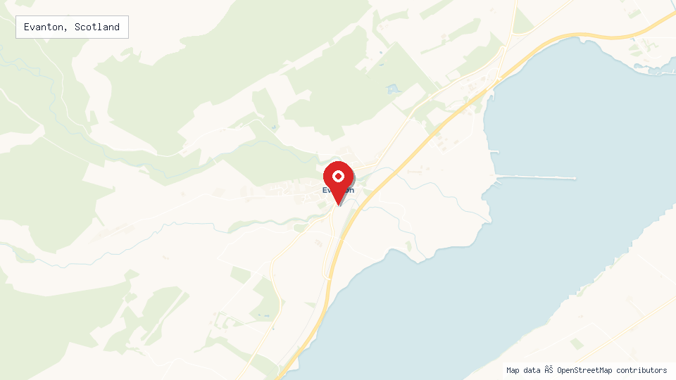 Street map of Evanton, Scotland with location pin