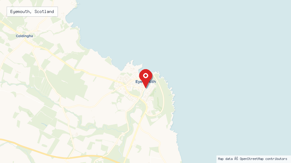 Street map of Eyemouth, Scotland with location pin