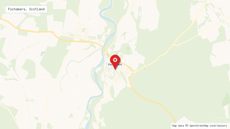 Street map of Fochabers, Scotland with location pin