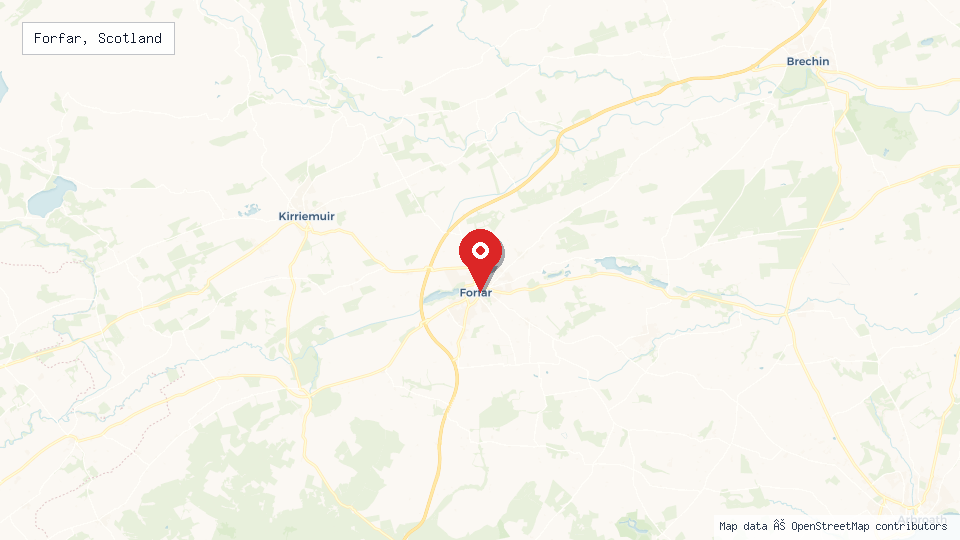 Street map of Forfar, Scotland with location pin