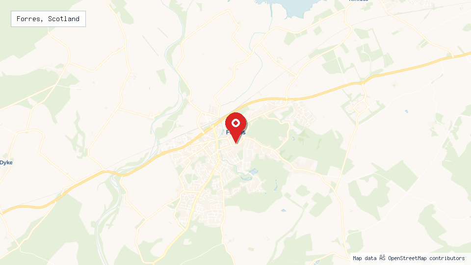 Street map of Forres, Scotland with location pin