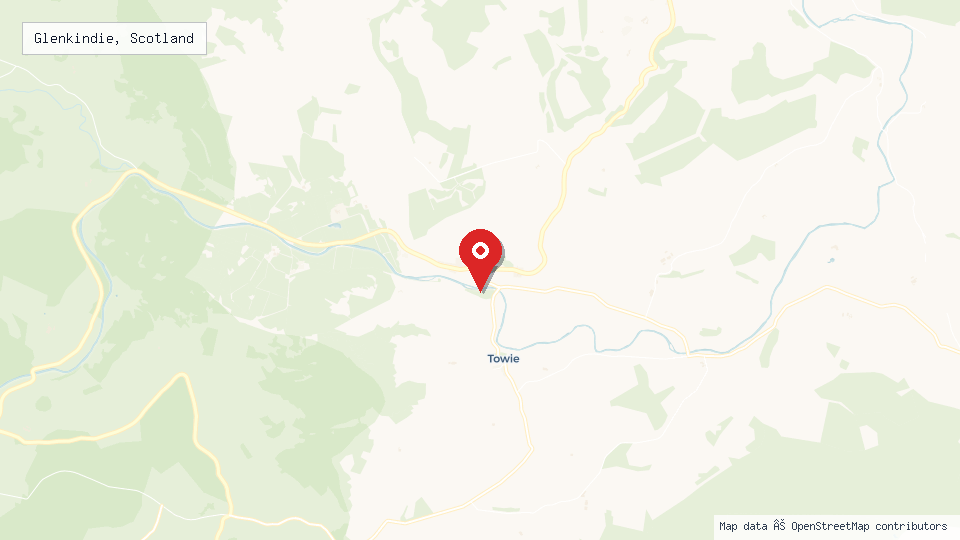 Street map of Glenkindie, Scotland with location pin