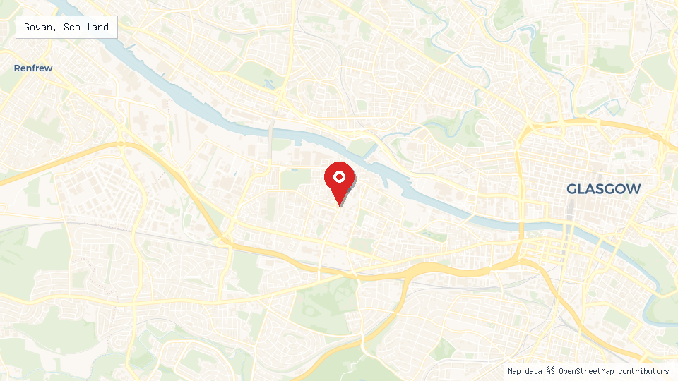 Street map of Govan, Scotland with location pin
