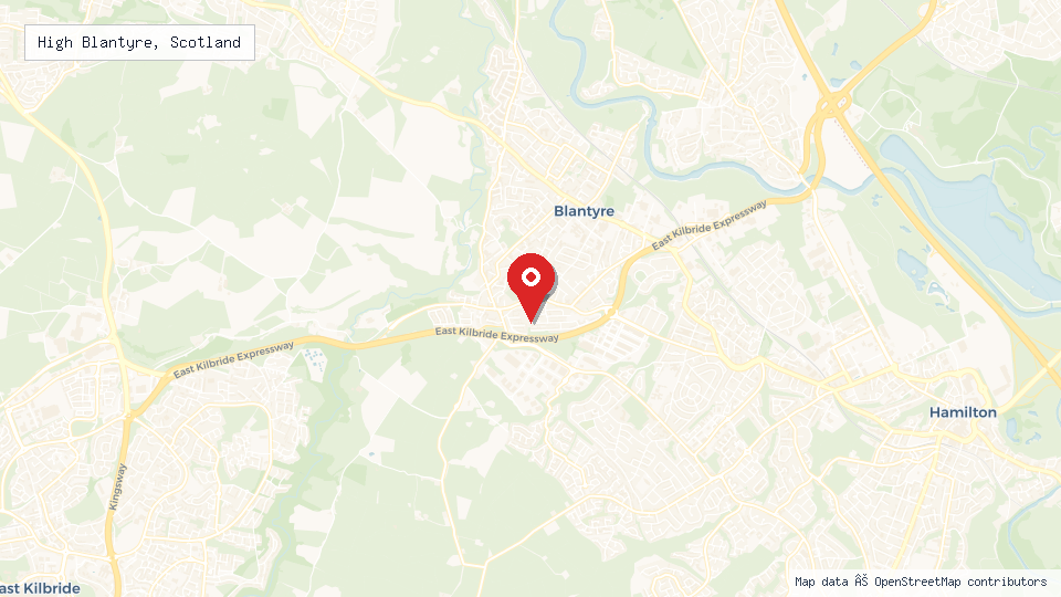 Street map of High Blantyre, Scotland with location pin