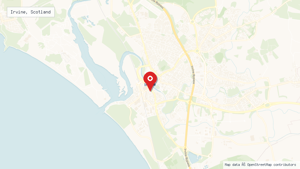 Street map of Irvine, Scotland with location pin