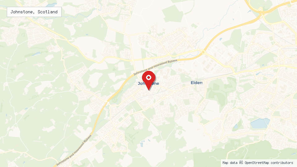 Street map of Johnstone, Scotland with location pin