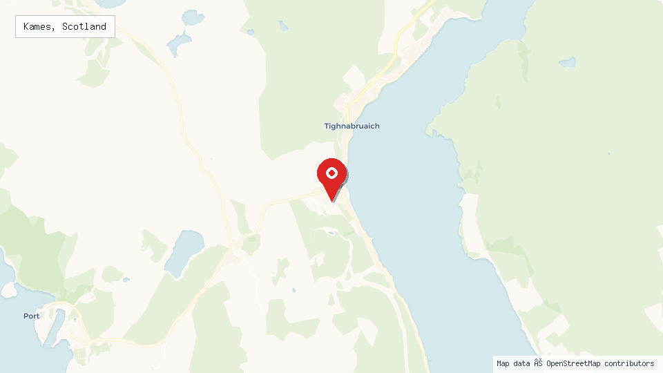 Street map of Kames, Scotland with location pin