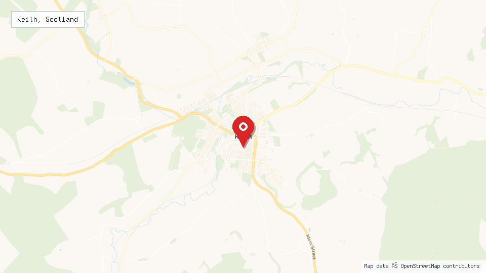 Street map of Keith, Scotland with location pin