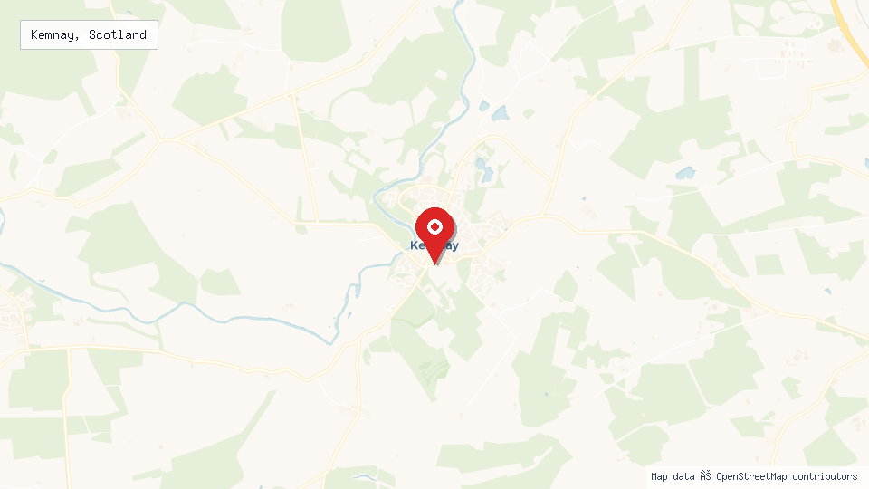 Street map of Kemnay, Scotland with location pin