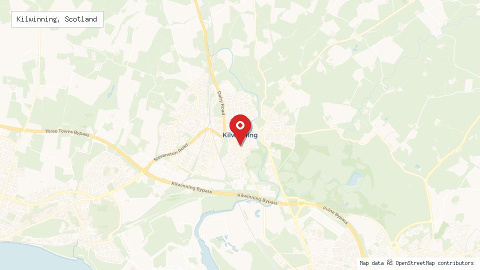 Street map of Kilwinning, Scotland with location pin