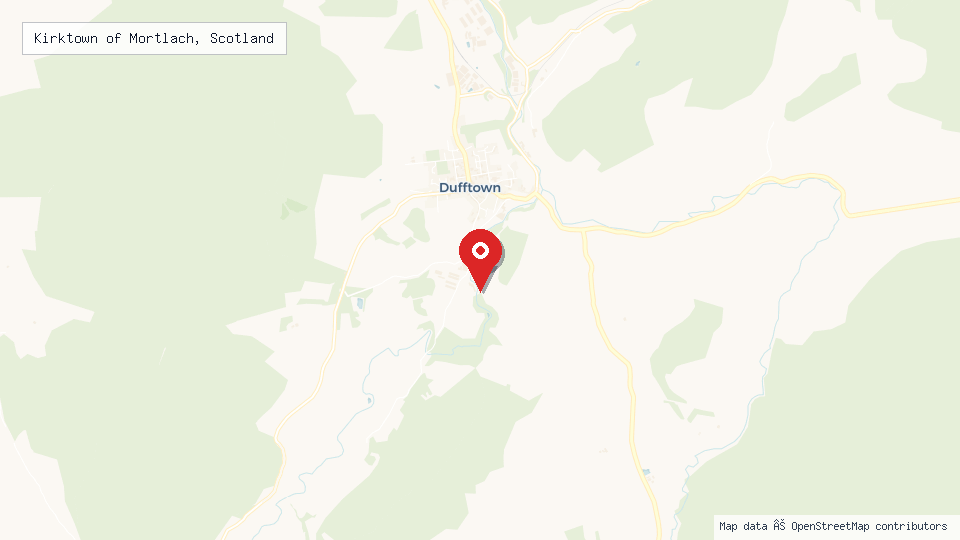 Street map of Kirktown of Mortlach, Scotland with location pin