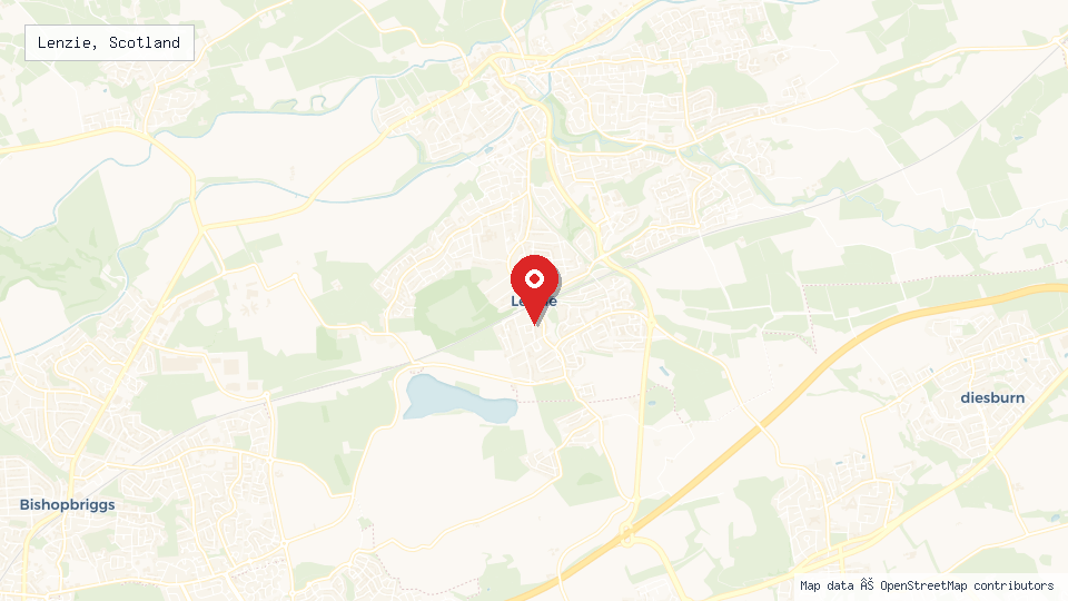 Street map of Lenzie, Scotland with location pin