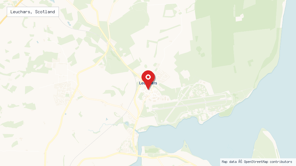 Street map of Leuchars, Scotland with location pin