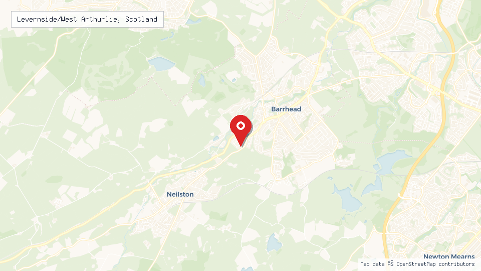 Street map of Levernside/West Arthurlie, Scotland with location pin