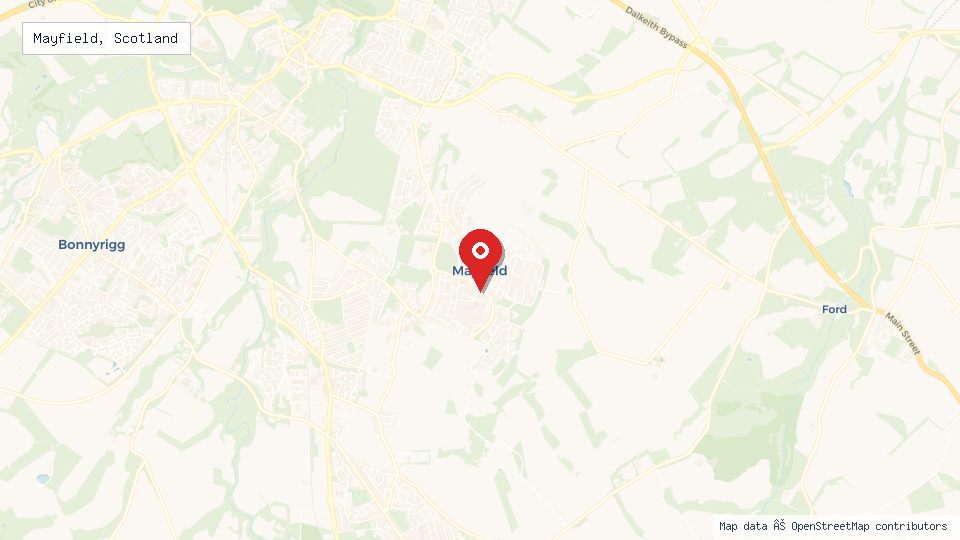Street map of Mayfield, Scotland with location pin