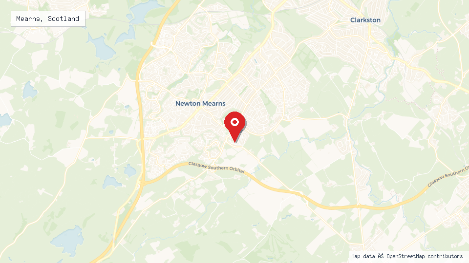 Street map of Mearns, Scotland with location pin