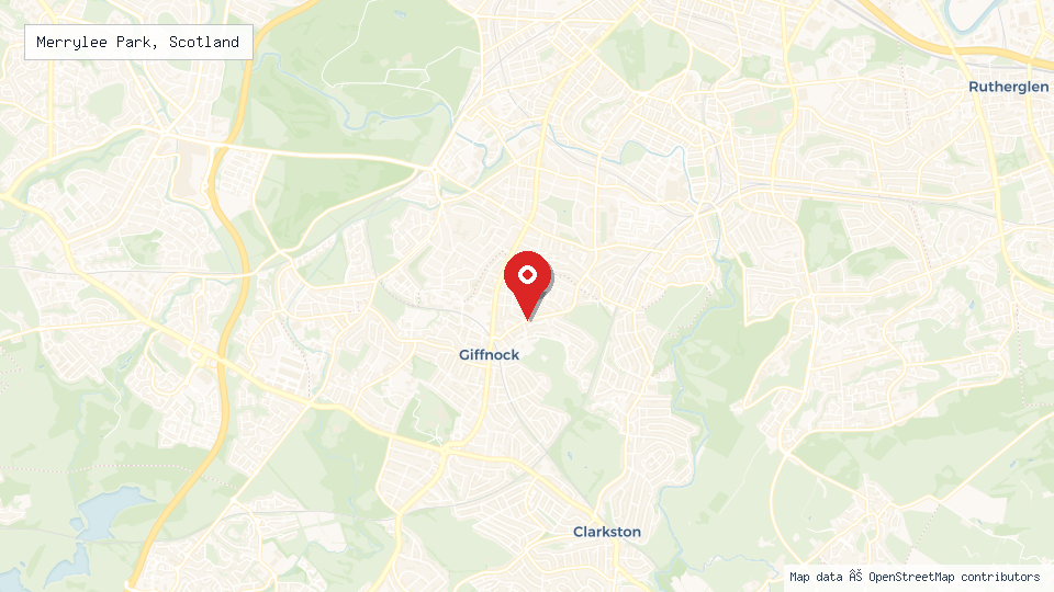Street map of Merrylee Park, Scotland with location pin