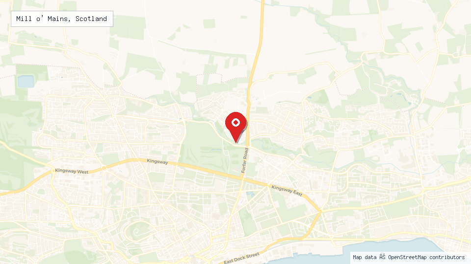 Street map of Mill o' Mains, Scotland with location pin