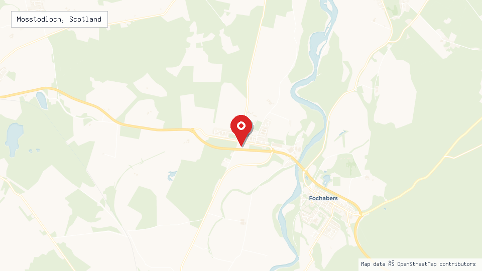Street map of Mosstodloch, Scotland with location pin